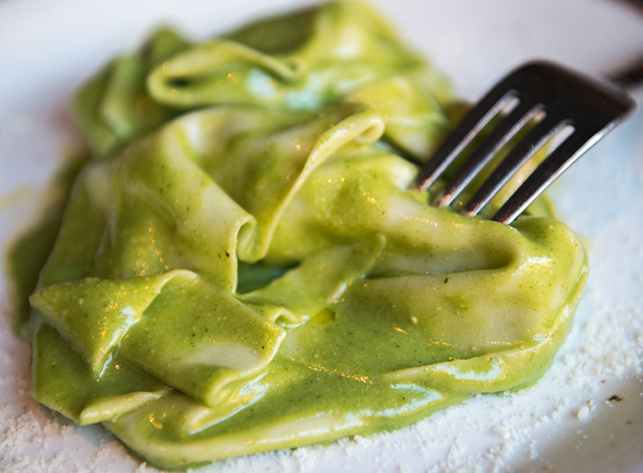 The Factory Kitchen signature dishes Mandilli di Seta (Handkerchief pasta with almond basil pesto)Focaccina Calda di Recco al Formaggio (Thin flatbread with cheese)Pappardelle with Pork Ragu